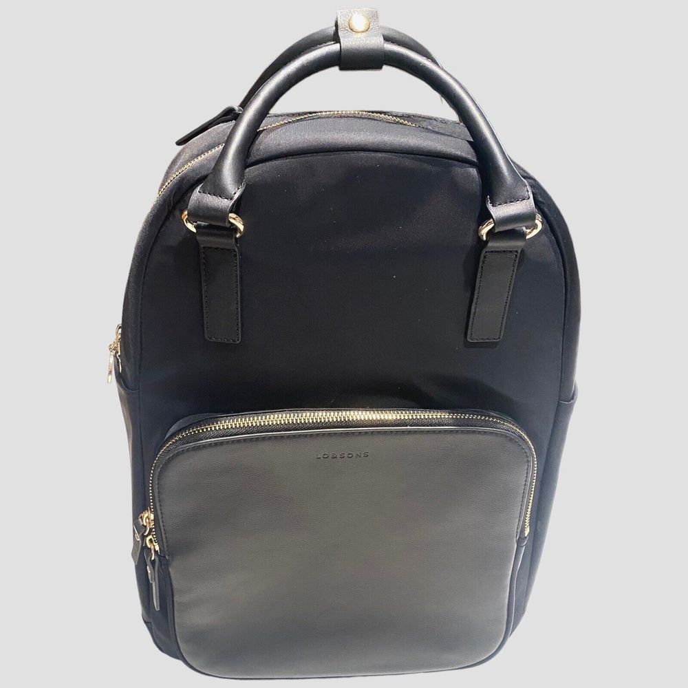 Lo & Sons Rowledge Backpack Black Gray Lining 16 in Tall x 12 in Wide Pockets